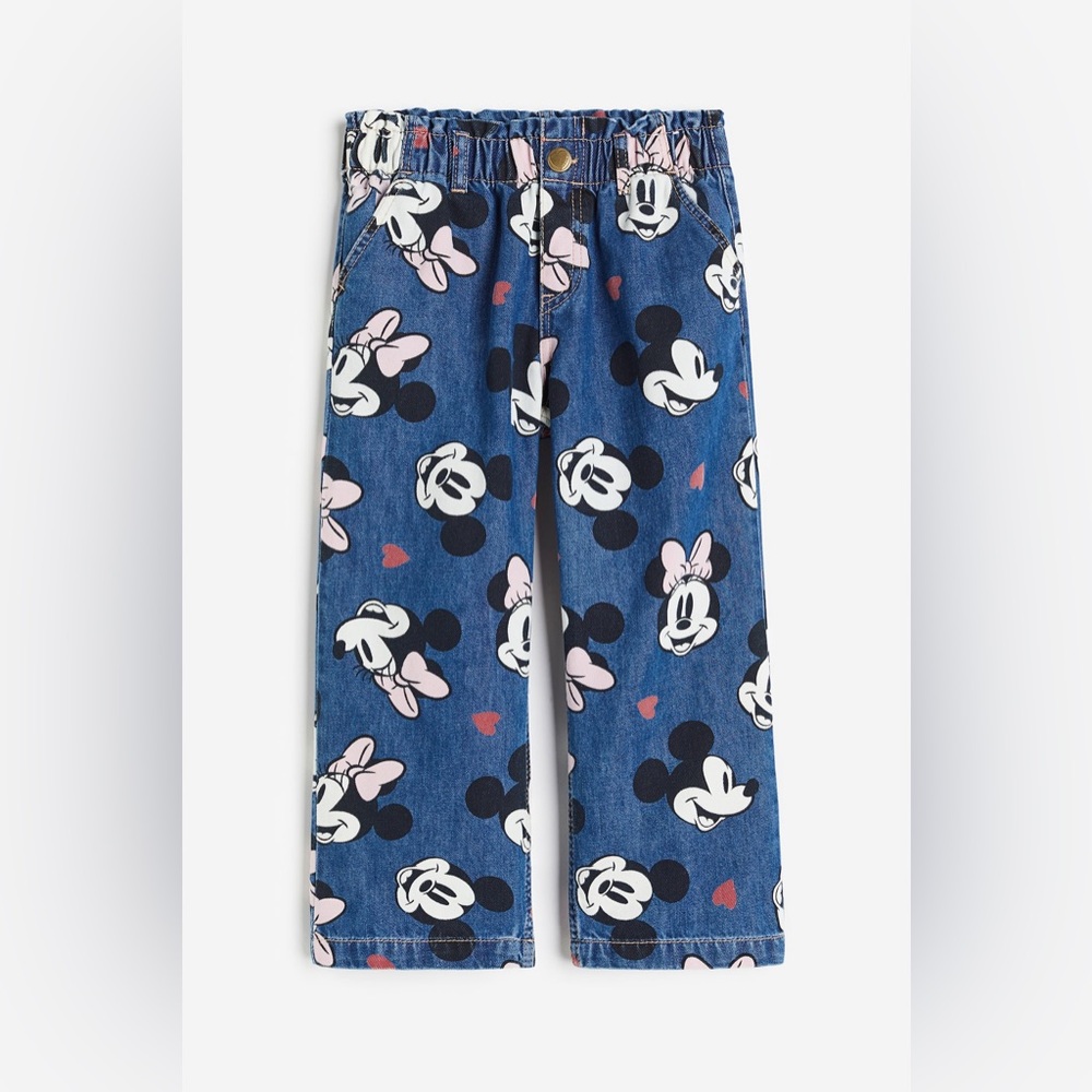 H&M Girls Disney- Wide leg Jeans Minnie & Mickey Mouse Heart Print Denim Size 6